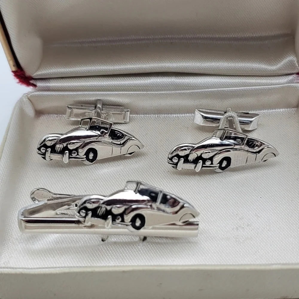 Swank Convertible Cufflinks & Tie Clip Silver Tone Tivoli Bar Clasp Vintage Auto